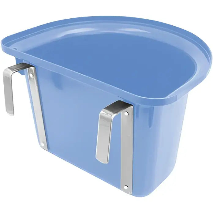 Blue plastic perry equestrian portable manger with stainless steel side handles for easy equestrian hook use