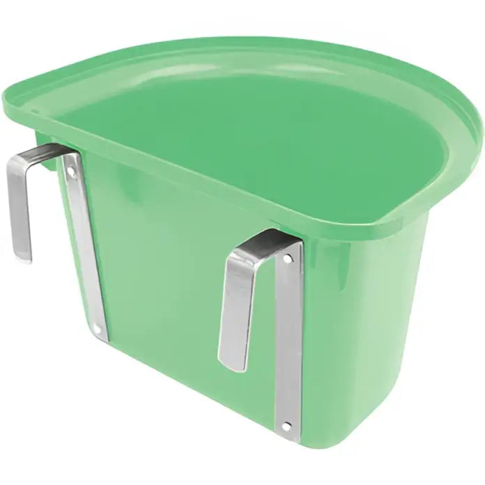 Green plastic horse feed trough with silver metal brackets from perry equestrian portable manger 12 litre equestrian hook