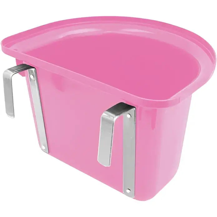 Pink plastic 12 litre perry equestrian portable manger with silver metal equestrian hook mounting brackets
