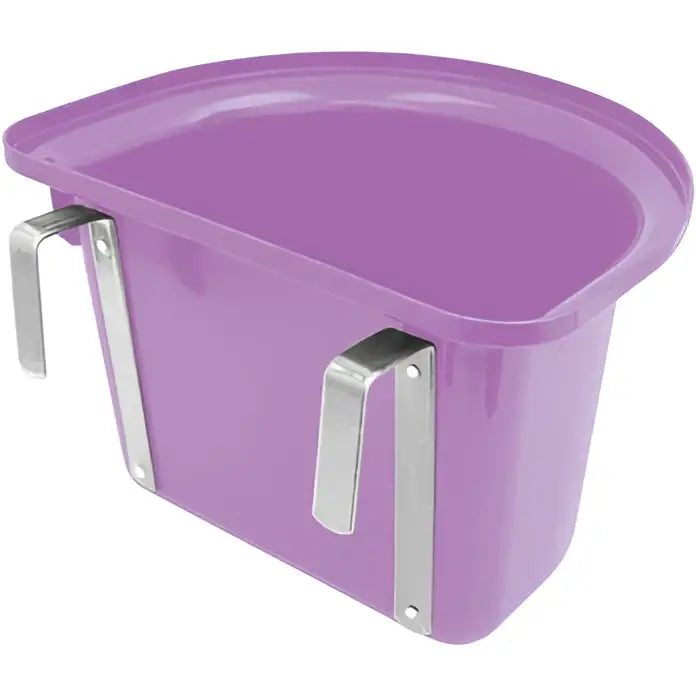 Purple plastic horse feed bucket with silver metal handles from perry equestrian portable manger 12 litre equestrian hook