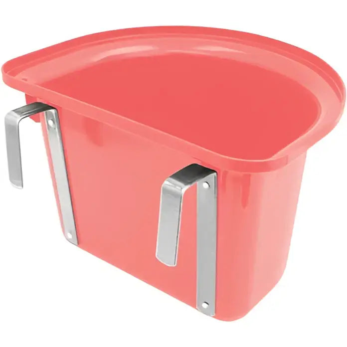 Red plastic horse feed trough with silver metal handles from perry equestrian portable manger 12 litre equestrian hook