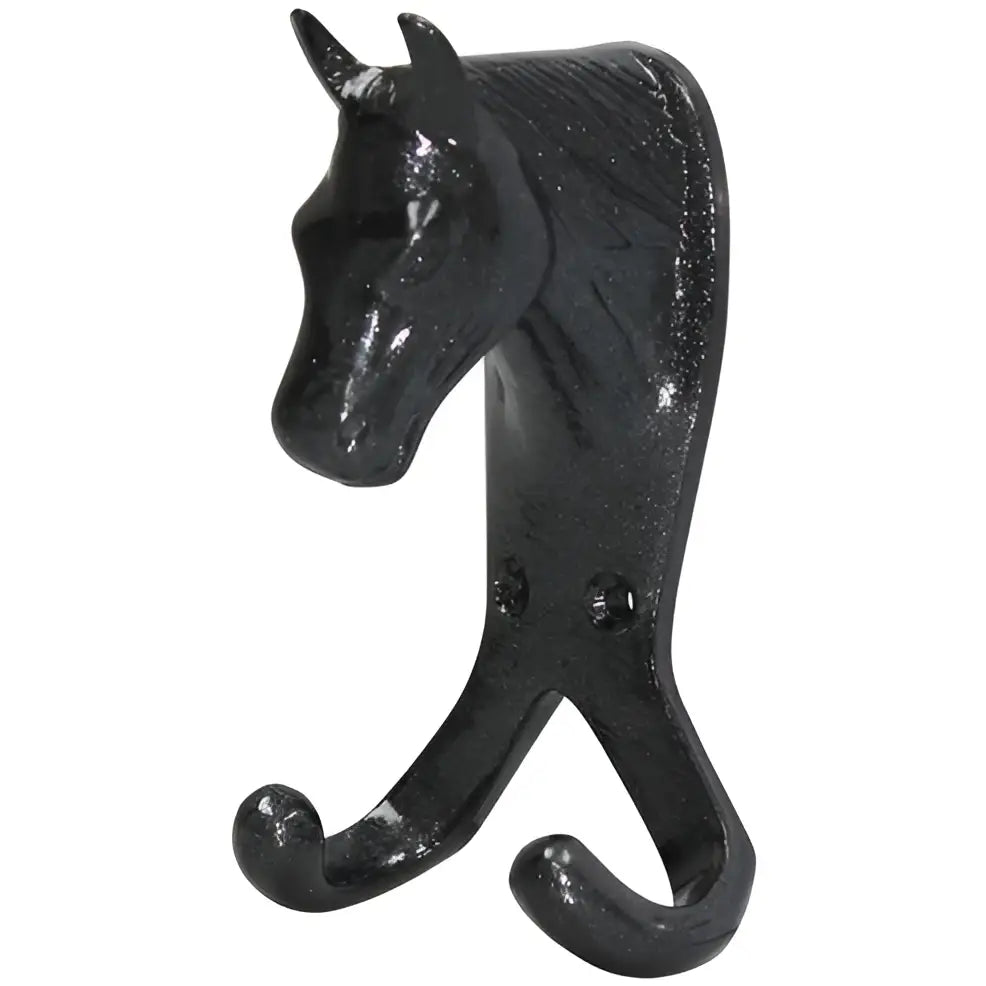 Black cast iron perry equestrian horse head double stable wall hook with two curved hooks for hanging items