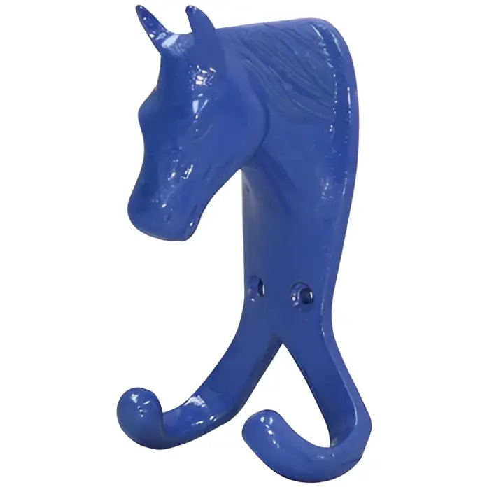 Blue painted metal perry equestrian horse head double stable wall hook with two curved hooks for coats