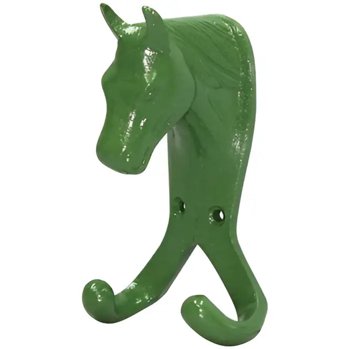 Green cast iron perry equestrian horse head double stable wall hook with two curved hooks for hanging items
