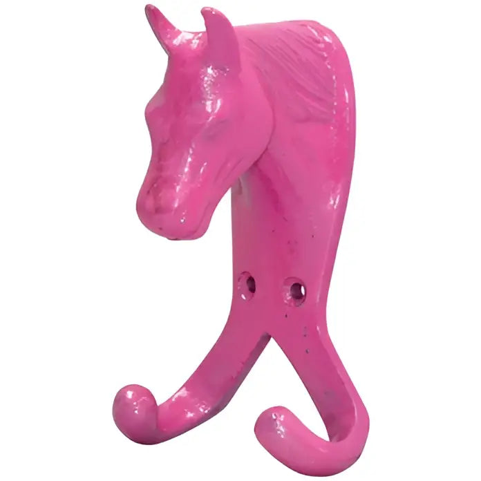 Pink painted metal perry equestrian horse head double stable wall hook with two curved hooks for hanging items