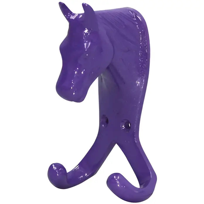 Purple cast iron perry equestrian horse head double stable wall hook with two curved hooks for hanging gear