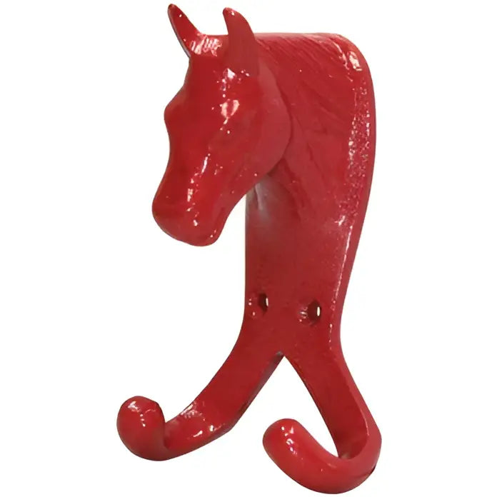 Red painted metal perry equestrian horse head double stable wall hook with two curved hooks for coats or hats