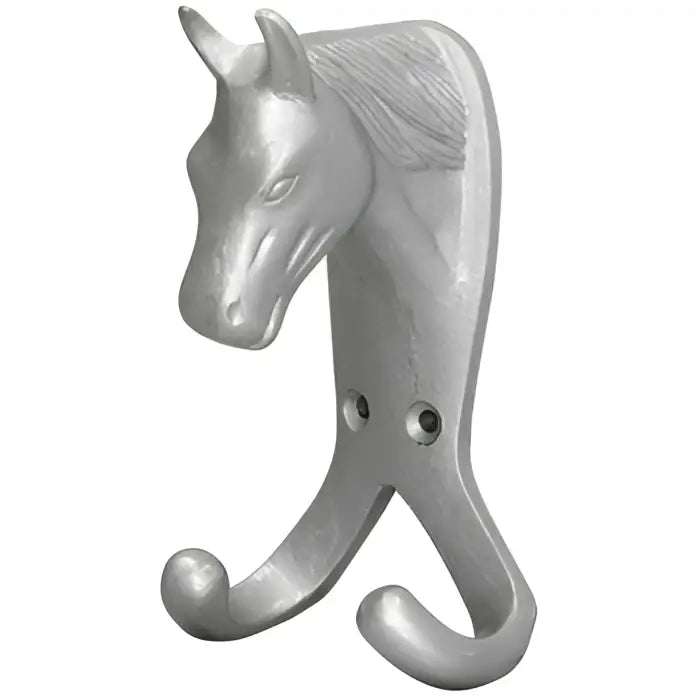 Silver perry equestrian horse head double stable wall hook with two curved hooks and engraved mane detail