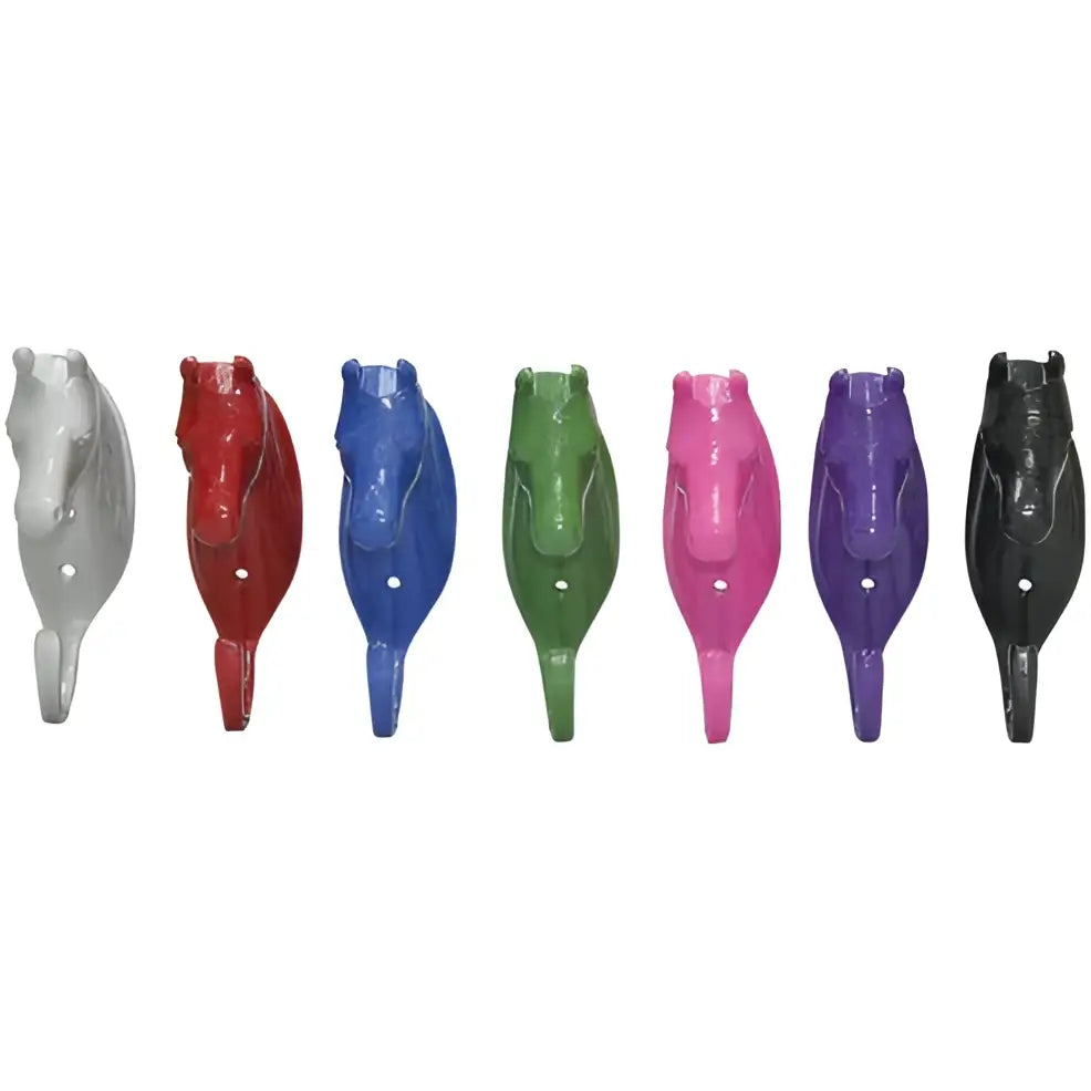 A set of six colorful perry equestrian horse head single stable wall hooks in silver red blue green pink and black