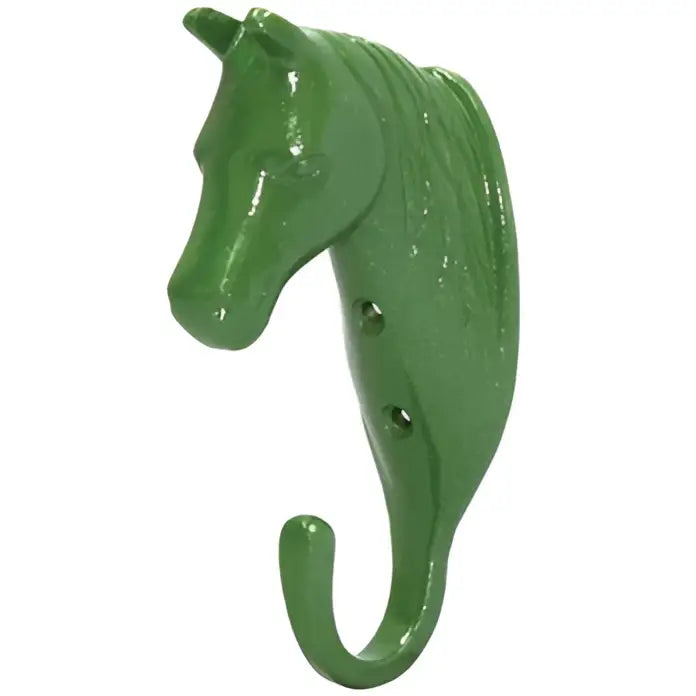 Green painted metal perry equestrian horse head single stable wall hook with curved hanging loop