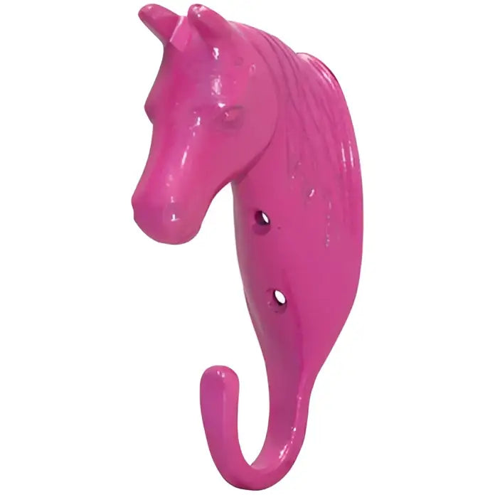 A vibrant pink perry equestrian horse head single stable wall hook with a glossy finish and metal screw holes