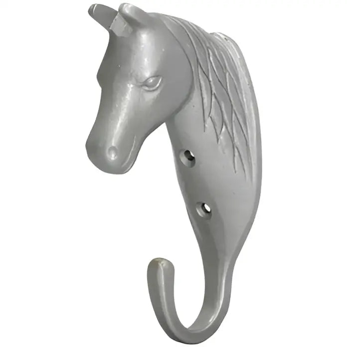 Silver metallic perry equestrian horse head single stable wall hook with curved loop and engraved mane details