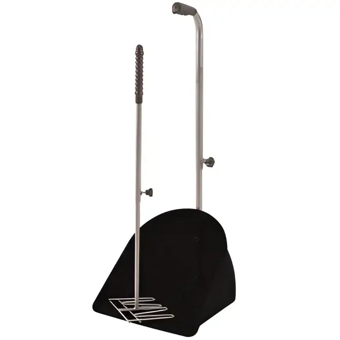 Black dustpan with silver metal handle and matching broomstick for easy cleaning perry equestrian muck grabber with retractable handles