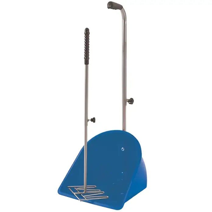 Blue plastic perry equestrian muck grabber with retractable metal handles and wire rack base for easy cleaning tasks