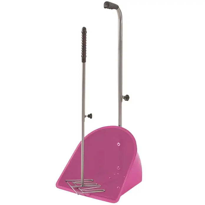 Pink plastic horse sweep muck grabber with metal handle and retractable handles by perry equestrian no 558