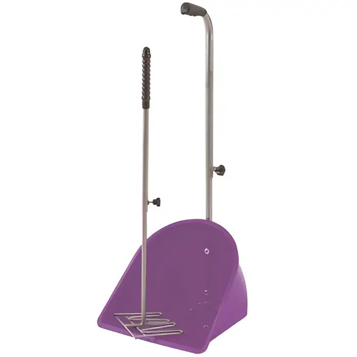 Purple plastic perry equestrian muck grabber dustpan with metal handle and retractable adjustable poles