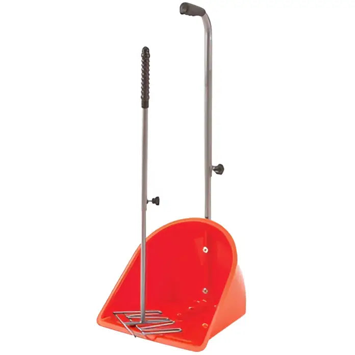 Red plastic perry equestrian muck grabber dustpan with retractable silver metal handle and black grip