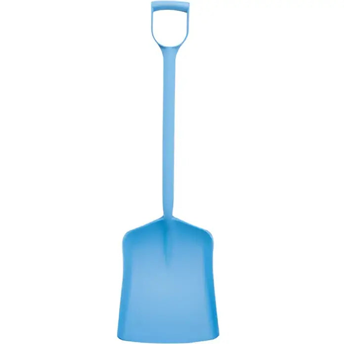 Light blue perry equestrian one piece moulded polypropylene shovel with ergonomic handle and wide curved blade