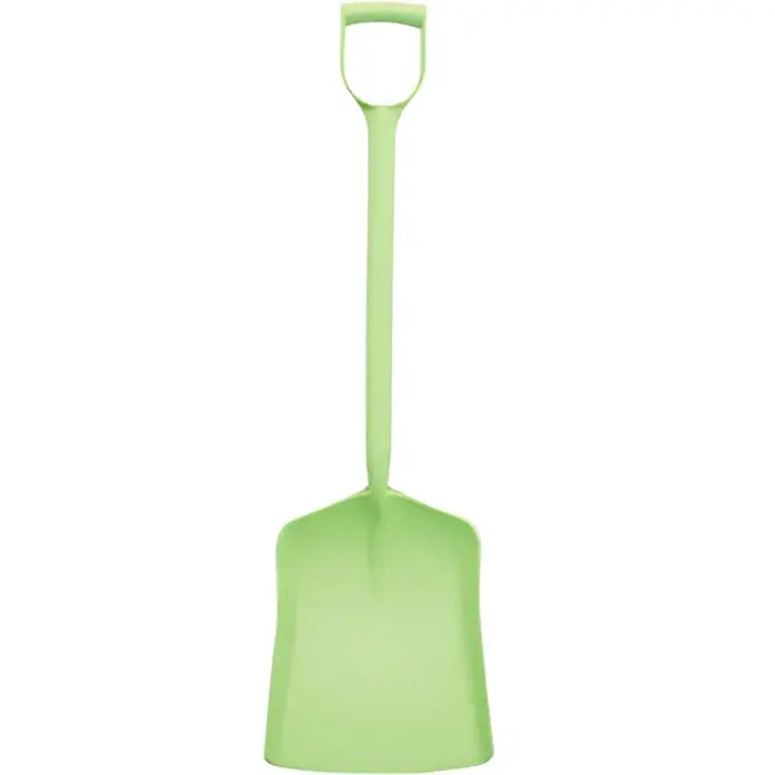 Light green perry equestrian one piece moulded polypropylene shovel with d-shaped handle and wide curved blade