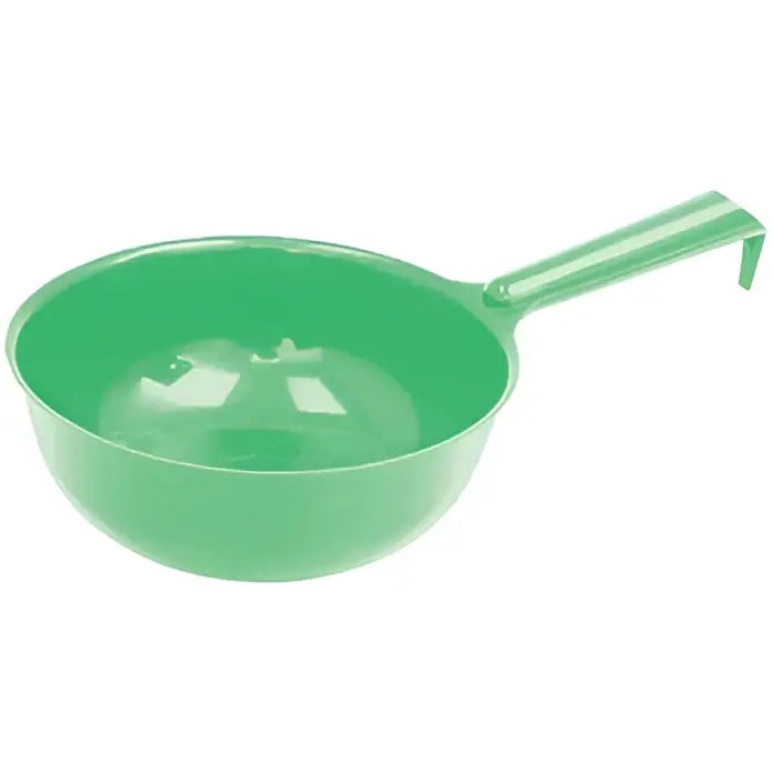 Green perry equestrian plastic feed and water bowl scoop with a curved handle for easy use