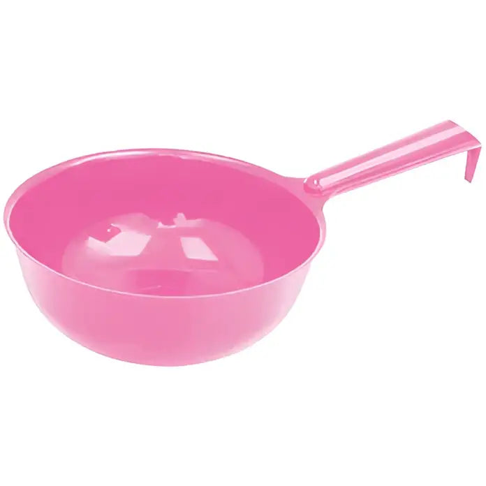 Pink perry equestrian plastic feed and water bowl scoop with a curved handle for easy scooping