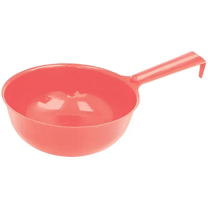Red perry equestrian plastic feed and water bowl scoop with curved handle for easy scooping and cleaning tasks