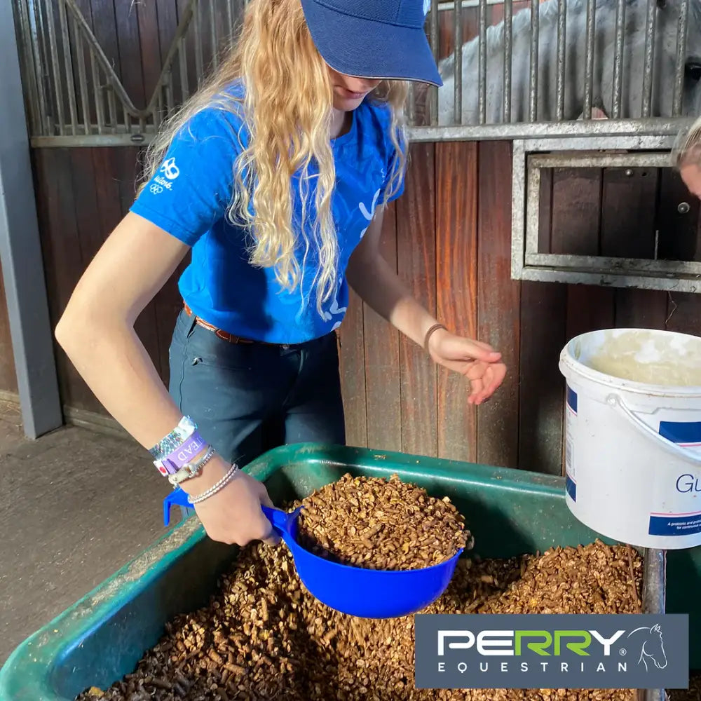 Blue perry equestrian plastic feed and water bowl scoop filled with brown horse feed pellets for easy feeding