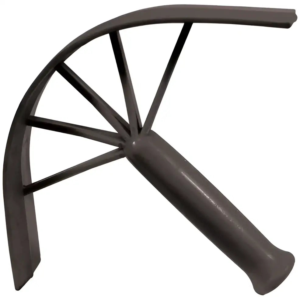 Black metal garden hoe with curved handle and spiked blade paired with perry equestrian plastic sweat scraper long life rubber