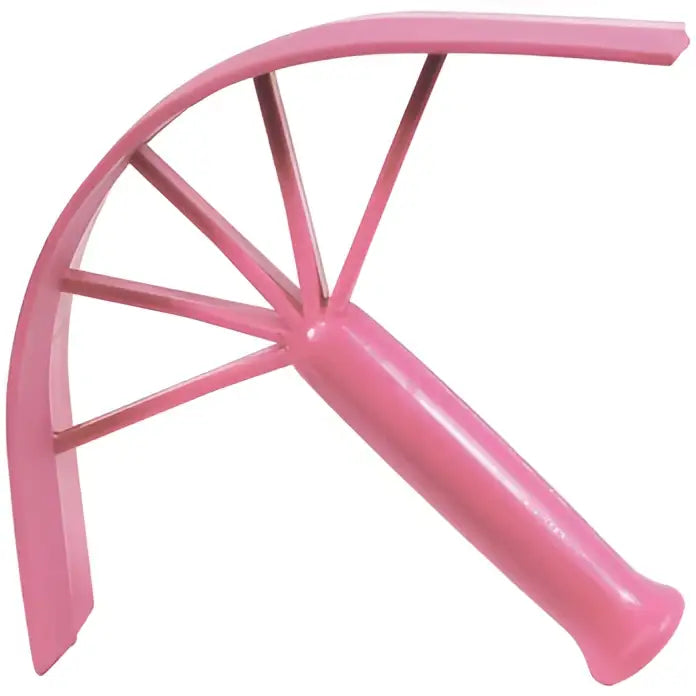 Pink perry equestrian plastic sweat scraper with curved blade and radial spokes for long life rubber use