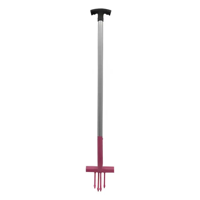 A pink and silver perry equestrian ragwort fork with black t-shaped handle and pointed tines for garden use