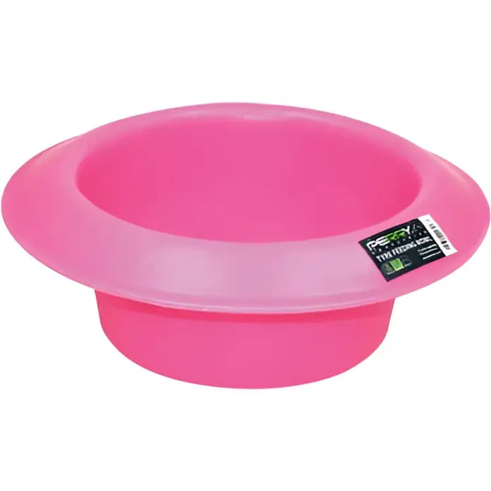 Pink plastic perry equestrian round tyre feeder bowl with wide flared rim and glossy finish 15 litre capacity