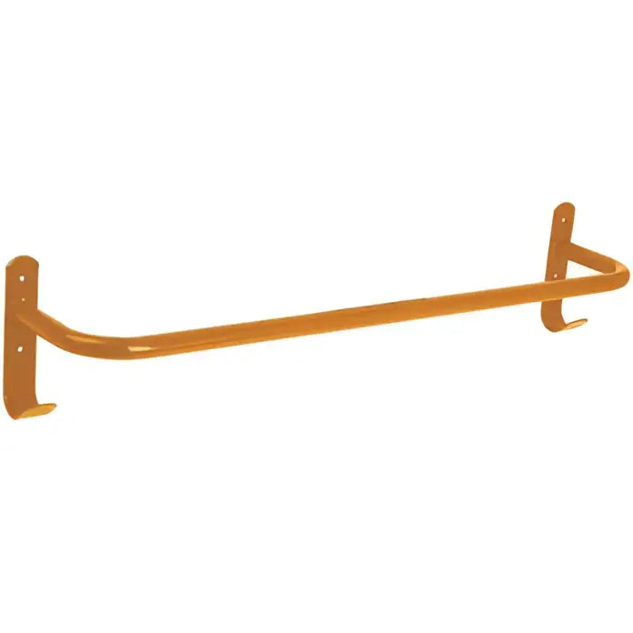 Orange metal perry equestrian rug rail with curved design and wall-mounted brackets for easy rug hanging