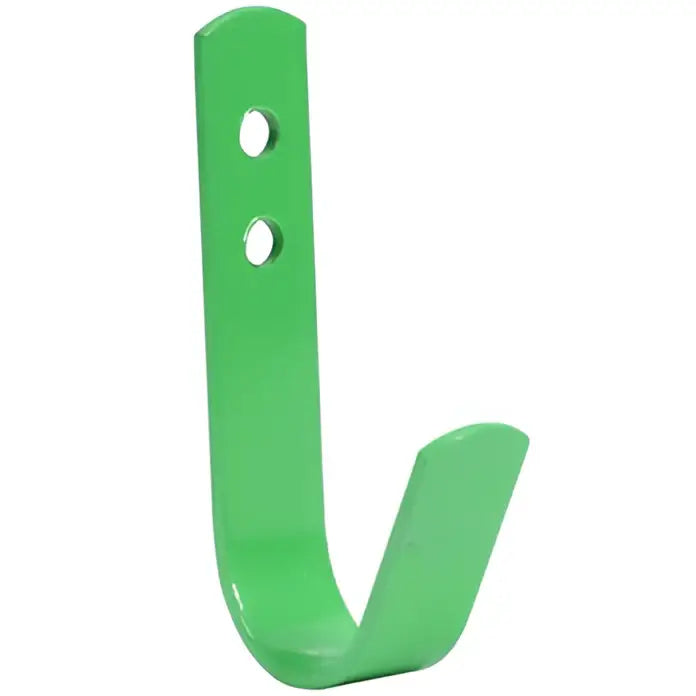 Bright green metal hook with two mounting holes from perry equestrian set of 5 general purpose tack room hooks
