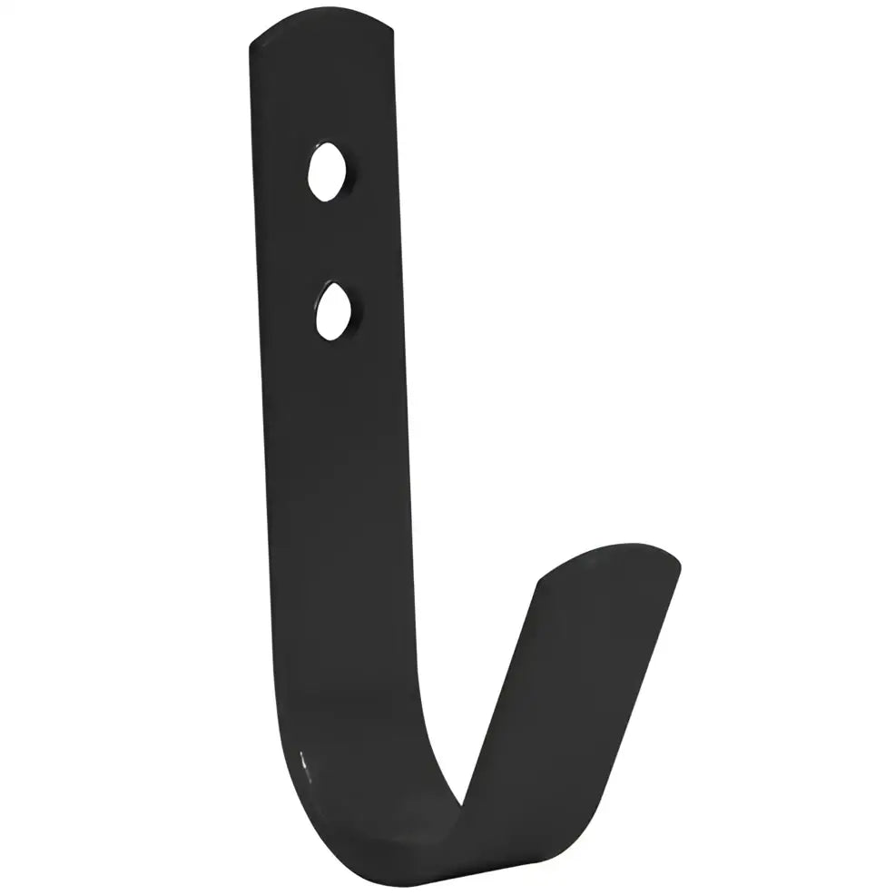 Black metal hook with two mounting holes from perry equestrian set of 5 general purpose tack room hooks