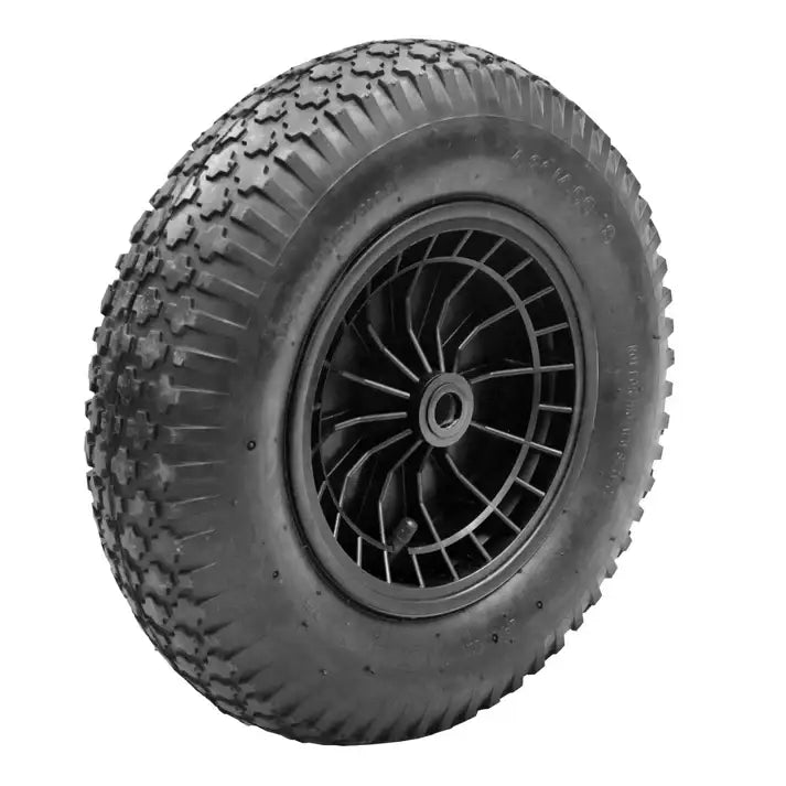 Black rubber perry equestrian spare anti-puncture wheel with deep tread on black plastic radial spoke rim for wheelbarrow