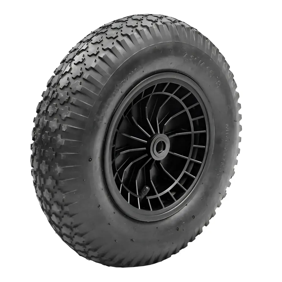 Black rubber perry equestrian spare standard pneumatic tire with deep treads on black polypropylene wheelbarrowno hub