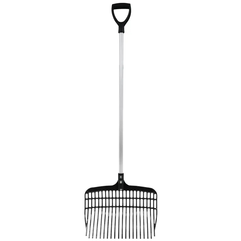 Black plastic titan shavings fork with polycarbonate head silver shaft and d-shaped handle by perry equestrian titan