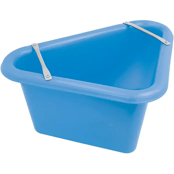 Blue plastic triangular feed manger with metal handles perry equestrian triangular animal feeding trough 45 litre