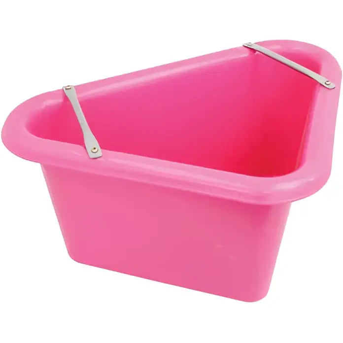 Pink triangular feed manger bucket with silver metal handles perry equestrian triangular 45 litre plastic bucket
