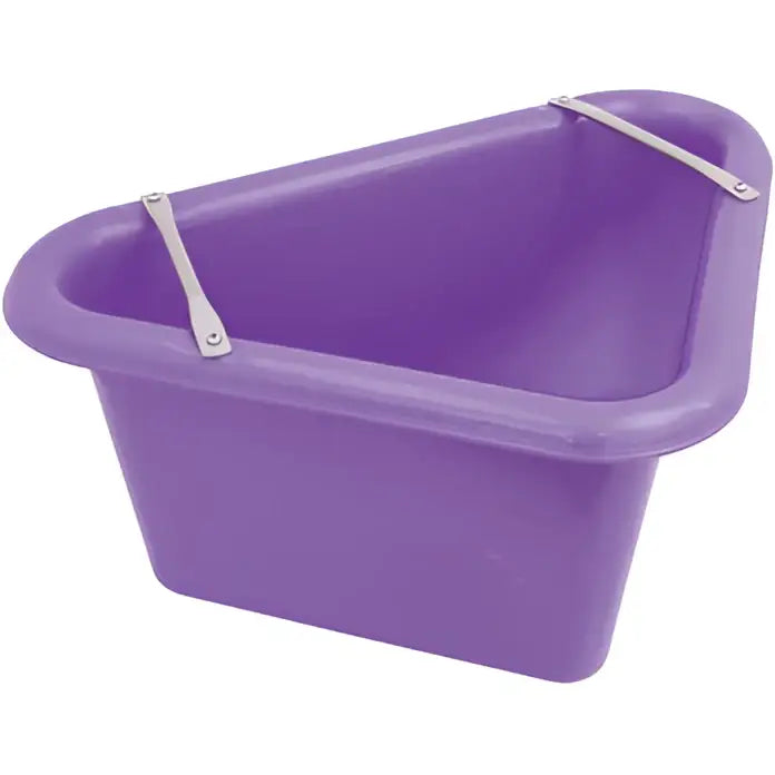 Purple plastic perry equestrian triangular feed manger bucket with silver metal handles 45 litre capacity