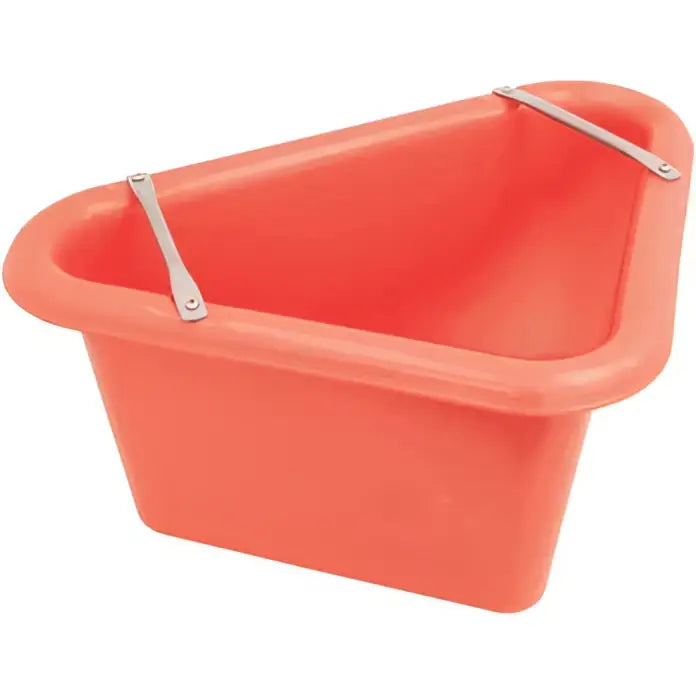 Bright orange plastic perry equestrian triangular feed manger with silver metal handles 45 litre capacity
