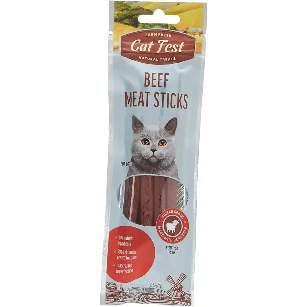 Pet fest meat sticks beef cat treats in clear plastic pack with red brown branding and gray cat image