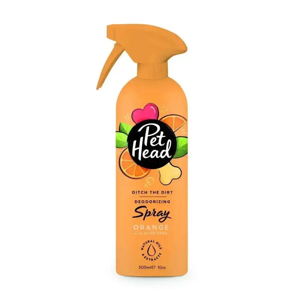 Orange pet head ditch the dirt spray bottle with pink heart and citrus illustrations to neutralise odours and keep pooch smelling fresh