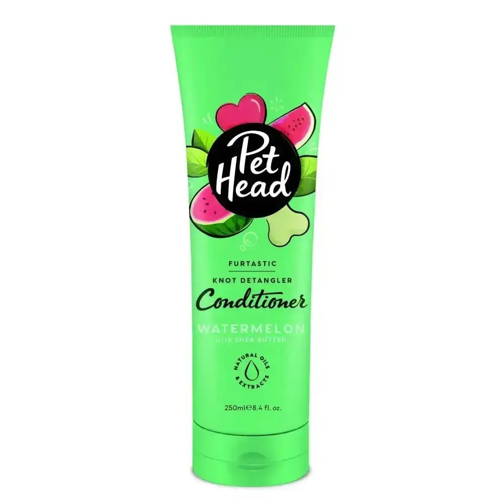 Bright green pet head furtastic watermelon conditioner tube with playful watermelon graphic and black logo for detangling