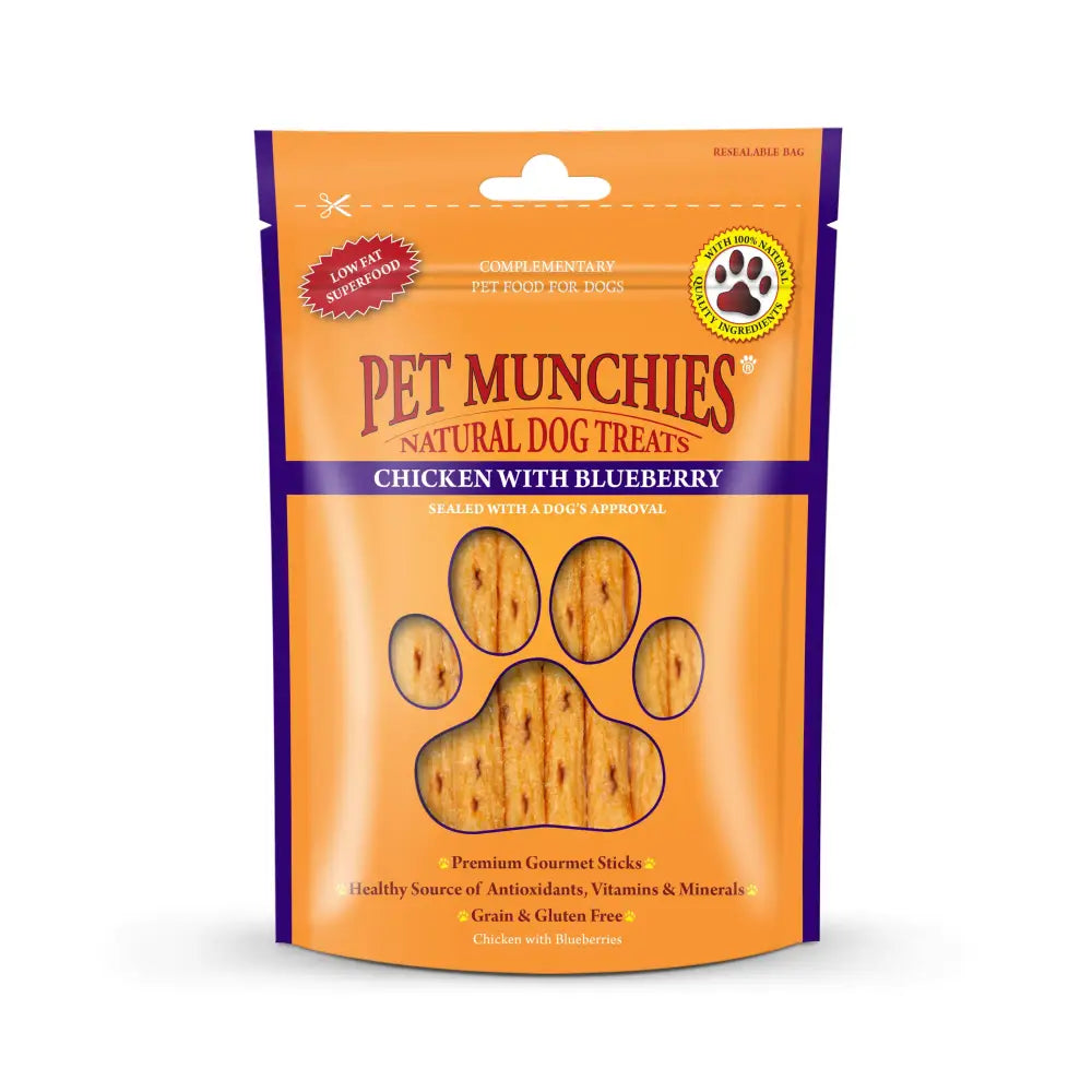 Orange and purple pouch of pet munchies chicken natural dog treats blueberry 8x80g for healthy snacking