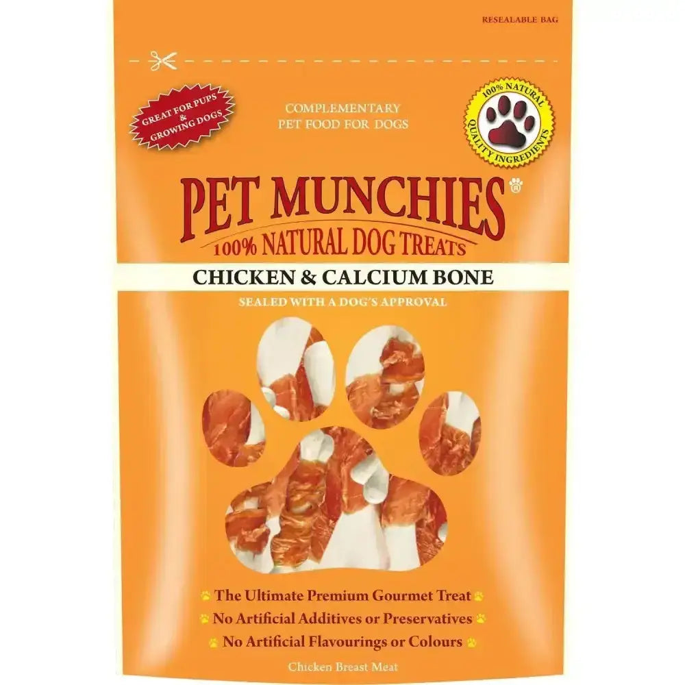 Orange resealable bag of pet munchies chicken and calcium bone natural real chicken dog treats