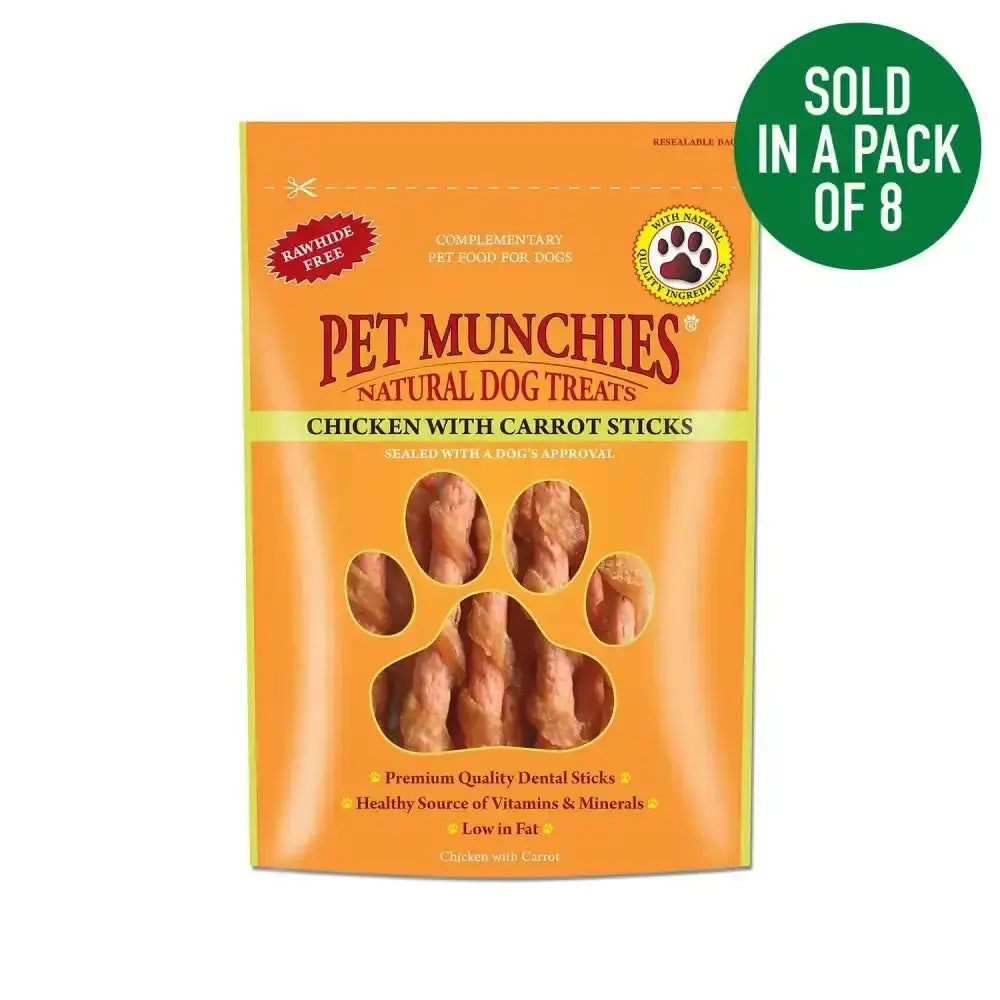 Orange pouch of pet munchies chicken with carrot sticks natural dog treats with paw print window showing dental sticks