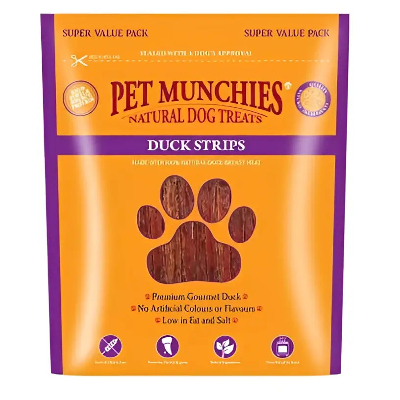 Orange and purple pet munchies dog package of natural duck strips munchies dog treat dck strips 3x320g
