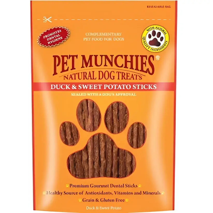 Orange package of pet munchies dog natural treat dck with sweet potato sticks 8x90g for healthy snacking