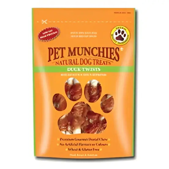 Orange and green pet munchies dog treat package with natural duck twist dog treats 8 x 80g pack